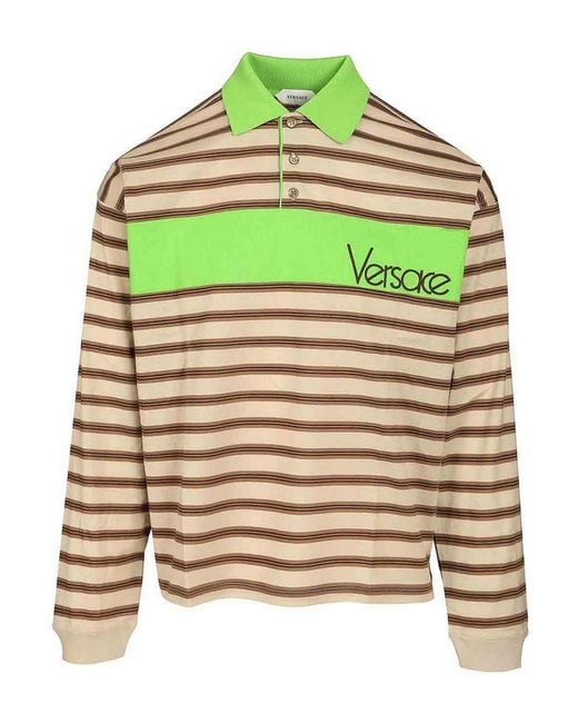Versace Green Striped Cotton Polo Shirt With Inlay for men