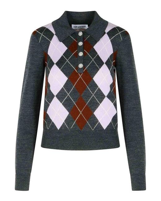 Self-Portrait Black Argyle Wool Sweater