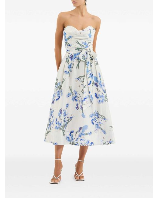 Rebecca Vallance Blue Print Linen Blend Midi Bustier Dress