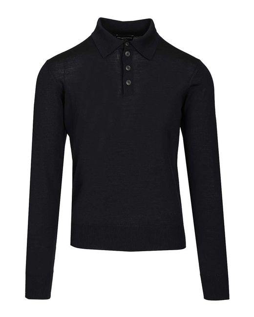 Emporio Armani Blue Long-Sleeved Wool Polo Shirt for men