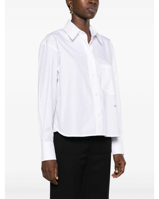 Victoria Beckham White Embroidered Logo Cotton Cropped Shirt