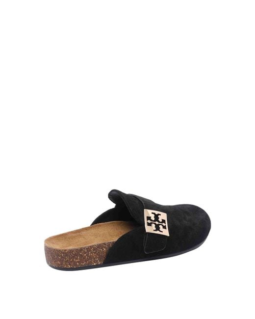 Tory Burch Black Suede Slip-On Mules Logo Hardware