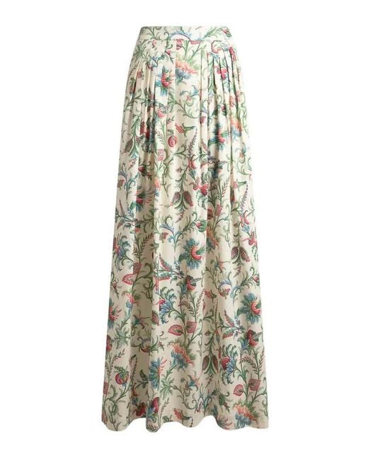 Etro White Pleated Cotton Maxi Skirt With Floral Motif
