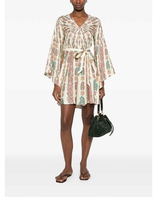 Etro Natural Cream Silk Mini Dress With All-Over Placed Floral Paisley Print With Belt