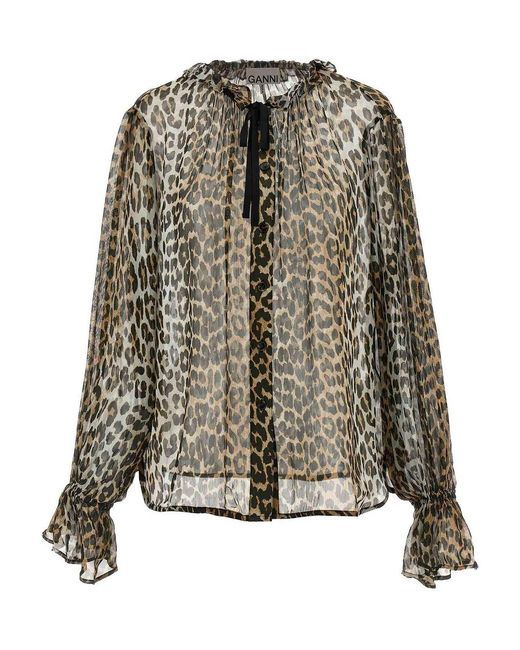 Ganni Multicolor 'Leopard Print Chiffon Tie String' Shirt