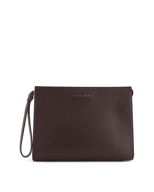 Orciani Brown Hammered Leather Clutch With Front Logo for men