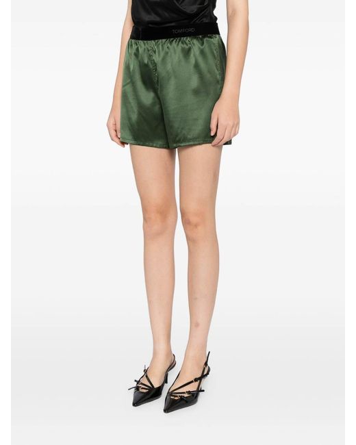 Tom Ford Green Stretch Silk Satin Pj Shorts