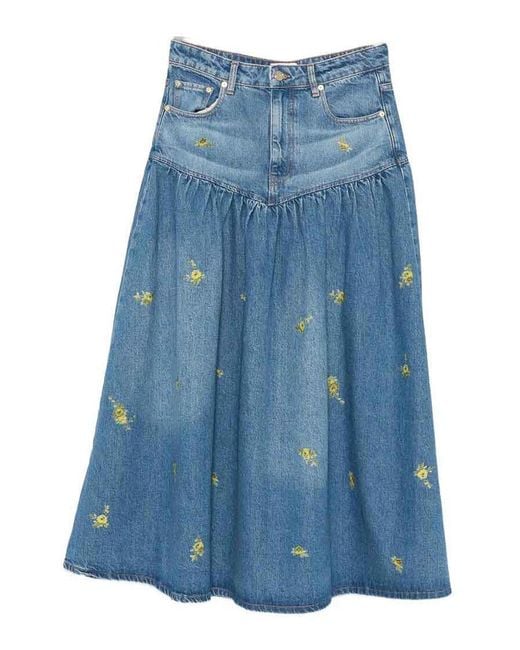 Ganni Blue Printed Flower Denim Long Skirt