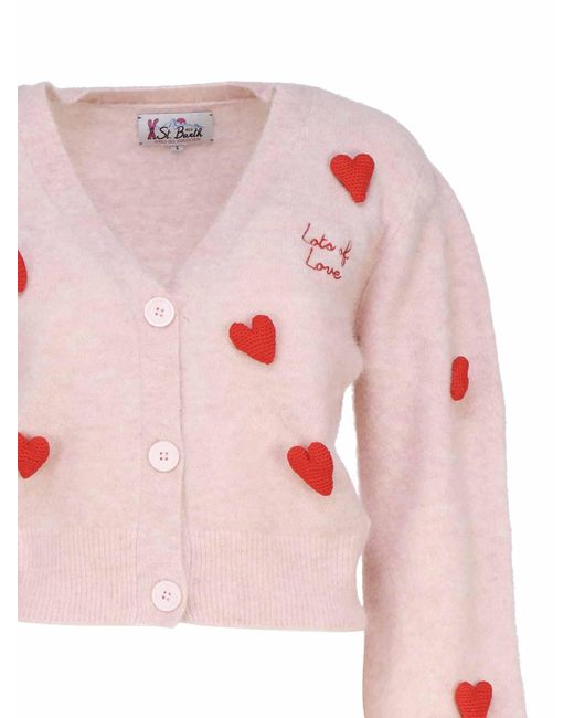 Mc2 Saint Barth Pink Hearts Cardigan In Mixed Wool