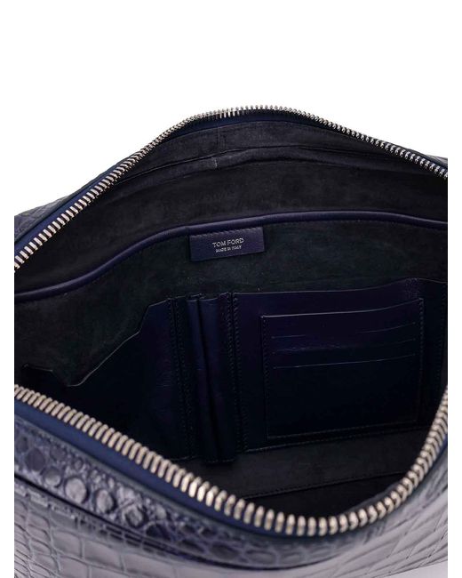 Tom Ford Blue Leather Laptop Pouch With Croco Print for men