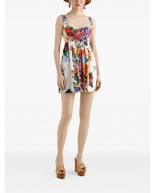 Dolce & Gabbana Red Flower Bouquet-Printed Mini Poplin Dress