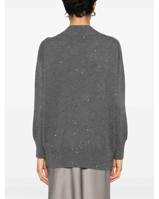 Brunello Cucinelli Gray Long Sleeve V-Neck Sweater