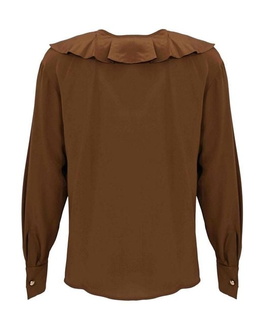Max Mara Brown Mstepica Silk Blouse With Chocolate Ruffles