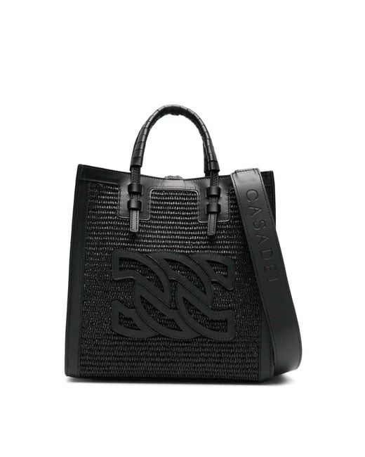 Casadei Black Beauriva Mini Raffia And Leather Tote Bag