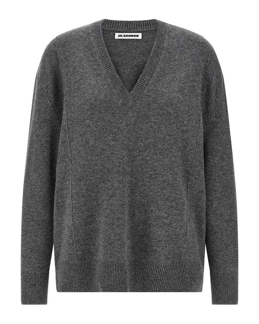 Jil Sander Gray V-Neck Cashmere Blend Sweater