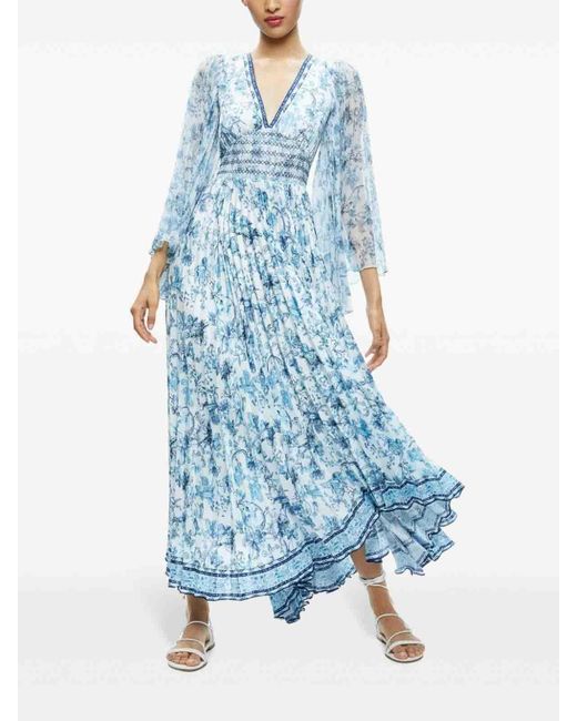 Alice + Olivia Blue Sion Floral Pleated Maxi Dress
