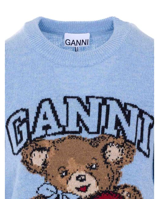 Ganni Blue Light Graphic Bear Sweater