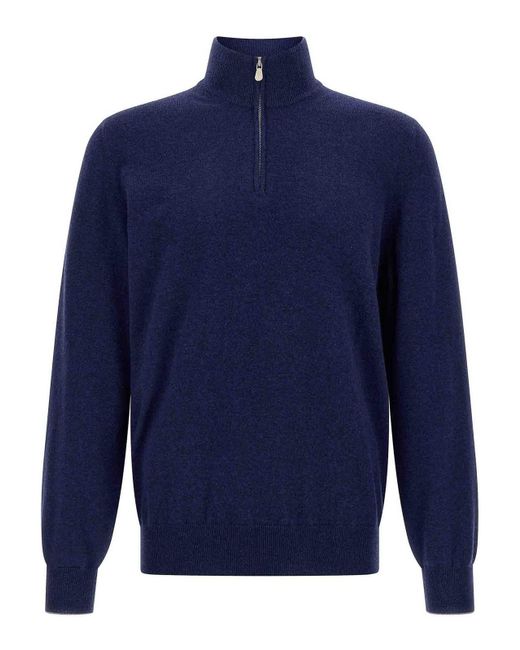 Brunello Cucinelli Blue Half-Zip Sweater for men