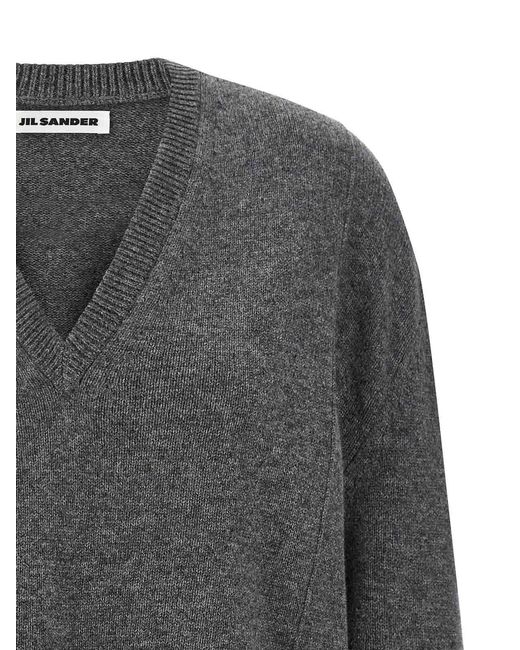 Jil Sander Gray V-Neck Cashmere Blend Sweater