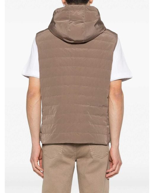 Brunello Cucinelli Brown Hooded Sleeveless Jacket Quilted Texture Pockets for men