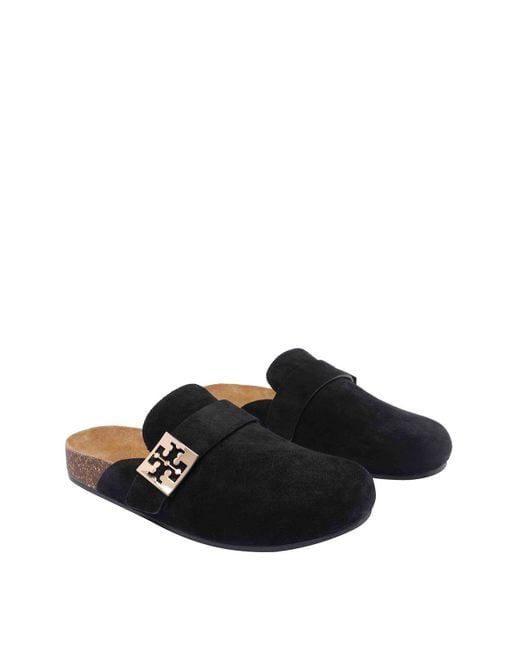 Tory Burch Black Suede Slip-On Mules Logo Hardware