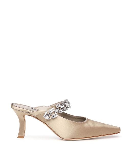 Manolo Blahnik White Tamolmu Satin Mules With Crystals