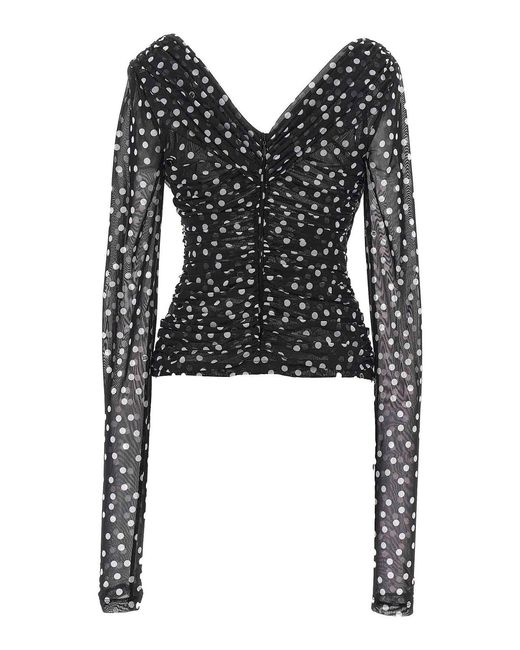 Dolce & Gabbana Black Polka-Dot Tulle Top With Wrap-Front Neckline