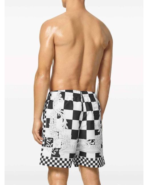 Versace White Checkered Print Swimsuit for men