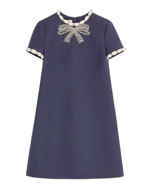 Valentino Blue Wool And Silk Embroidered Dress