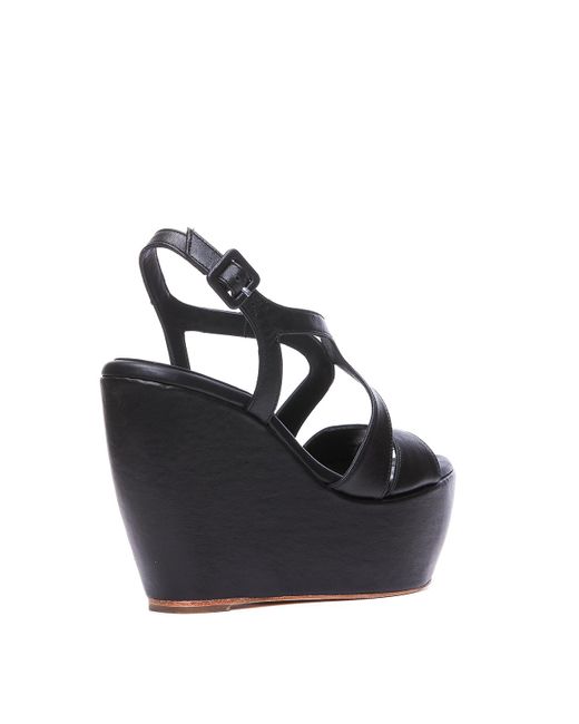 Paloma Barceló Black Wedge Leather Sandals With Buckled Closure