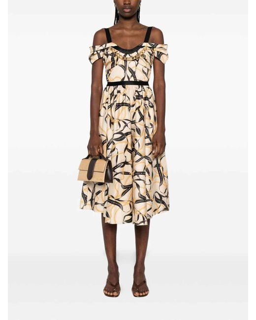 Elisabetta Franchi White Printed Midi Dress With Ruffle Details
