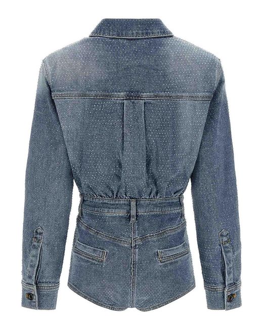 Self-Portrait Blue Rhinestone Denim Jumpsuit