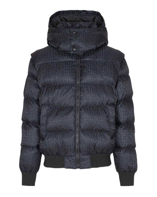 Balmain Blue Cropped Monogram Jacquard Padded Jacket for men