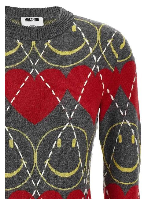 Moschino Red Wool Blend Mini Dress With Diamond-Stitched Pattern