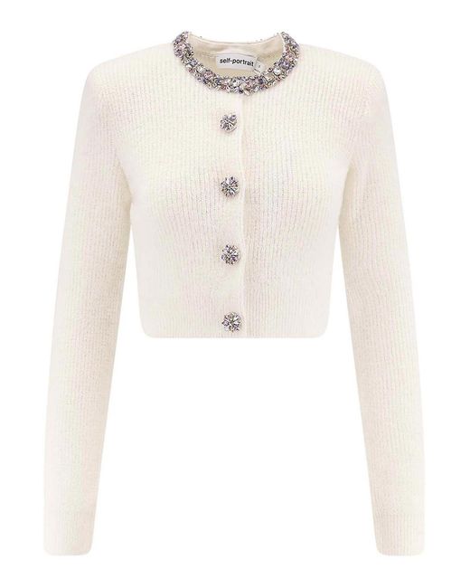 Self-Portrait White Alpaca Mixed Cardigan With Rhinestones