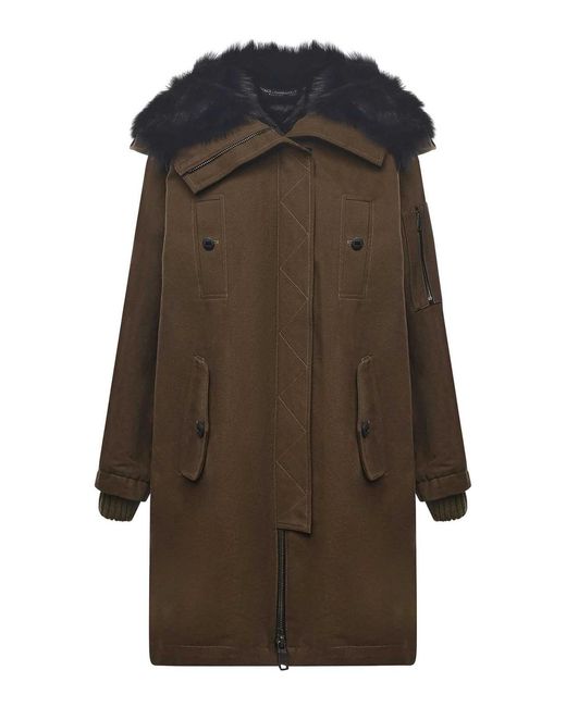 Dolce & Gabbana Green Long Down Jacket With Fur Trim