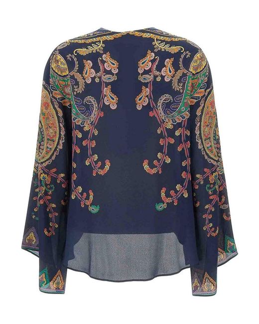 Etro Blue Paisley-Printed Silk Blouse