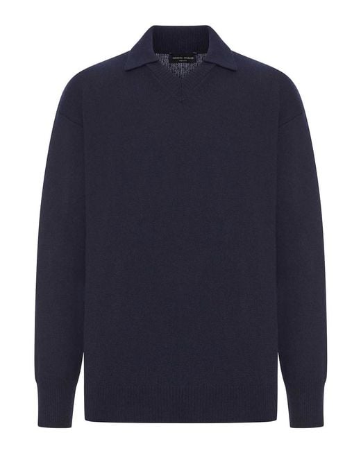 Roberto Collina Blue V-Neck Wool Polo Shirt for men