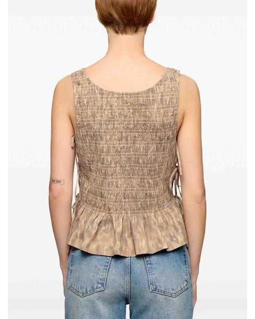 Ganni Natural Printed Stretch Cotton Smocked Tie String Top