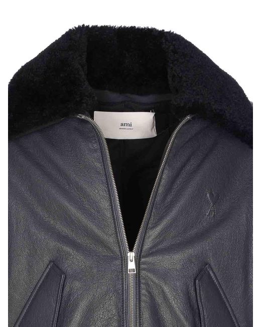AMI Black Zip-Up Leather Bomber Jacket for men