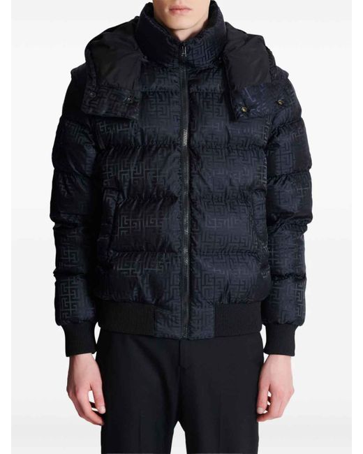 Balmain Blue Cropped Monogram Jacquard Padded Jacket for men