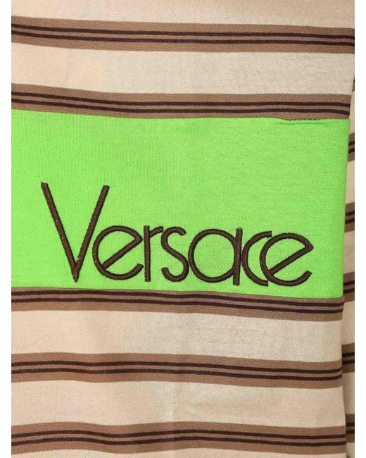 Versace Green Striped Cotton Polo Shirt With Inlay for men