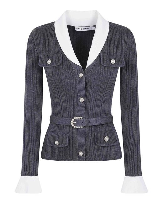 Self-Portrait Blue Ribbed Nit Cardigan