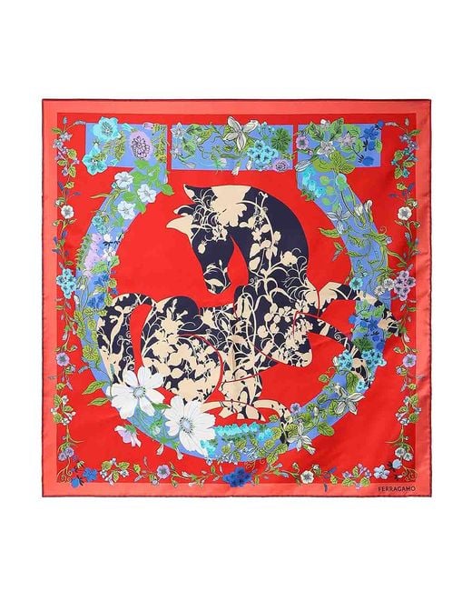 Ferragamo Red Printed Silk Scarf