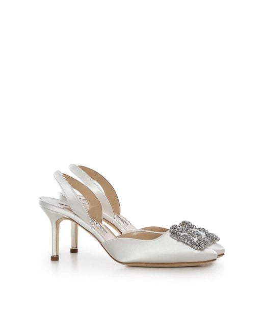 Manolo Blahnik White Hangisli Satin Slingback