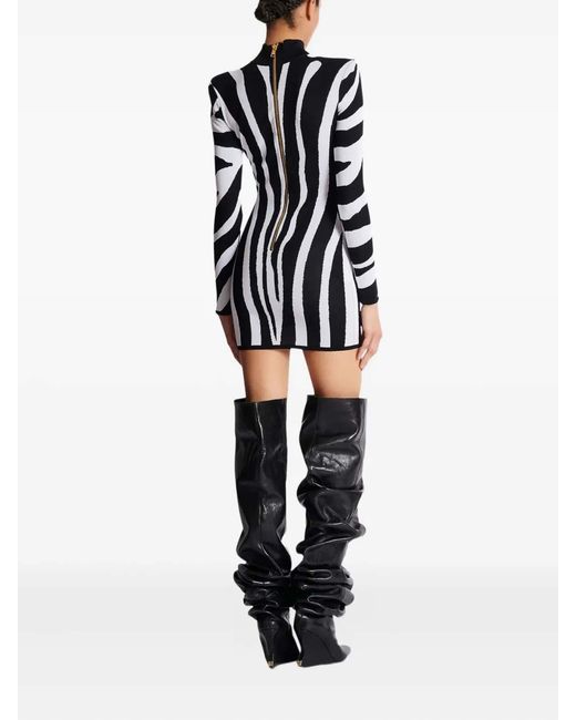 Balmain Black Short Knit Dress With Zebra Intarsia