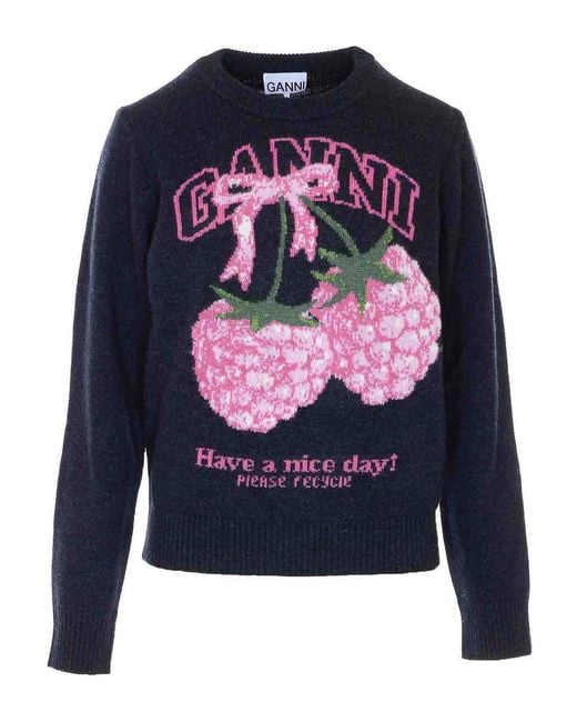 Ganni Blue Graphic Wool Sweater