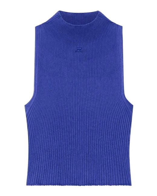 Courreges Blue Ribbed High-Neck Top
