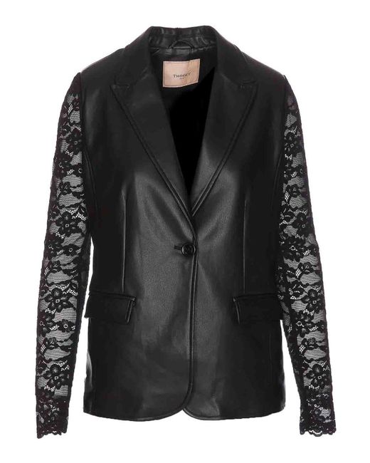 Twin Set Black Leather Effect Blazer With Lace