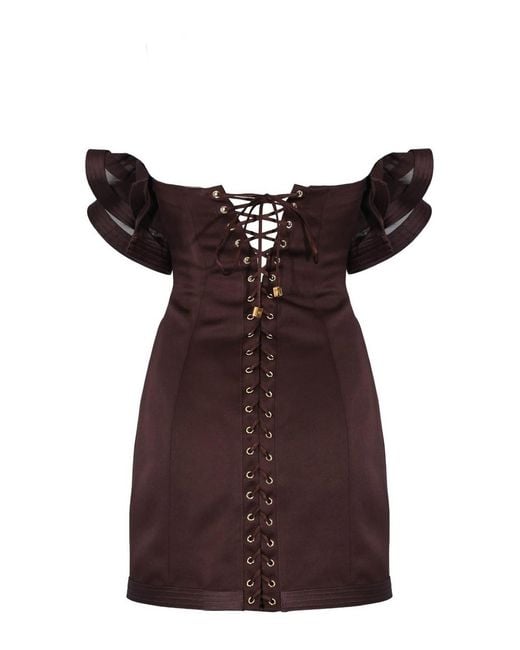 Elisabetta Franchi Brown Short Duchesse Dress With Maxi Ruche